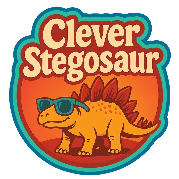 Clever Stegosaur logo: a stegosaur in sunglasses